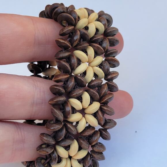 Vintage wood bead bracelet floral stretch 70s boho natural hippie style - Picture 3 of 10